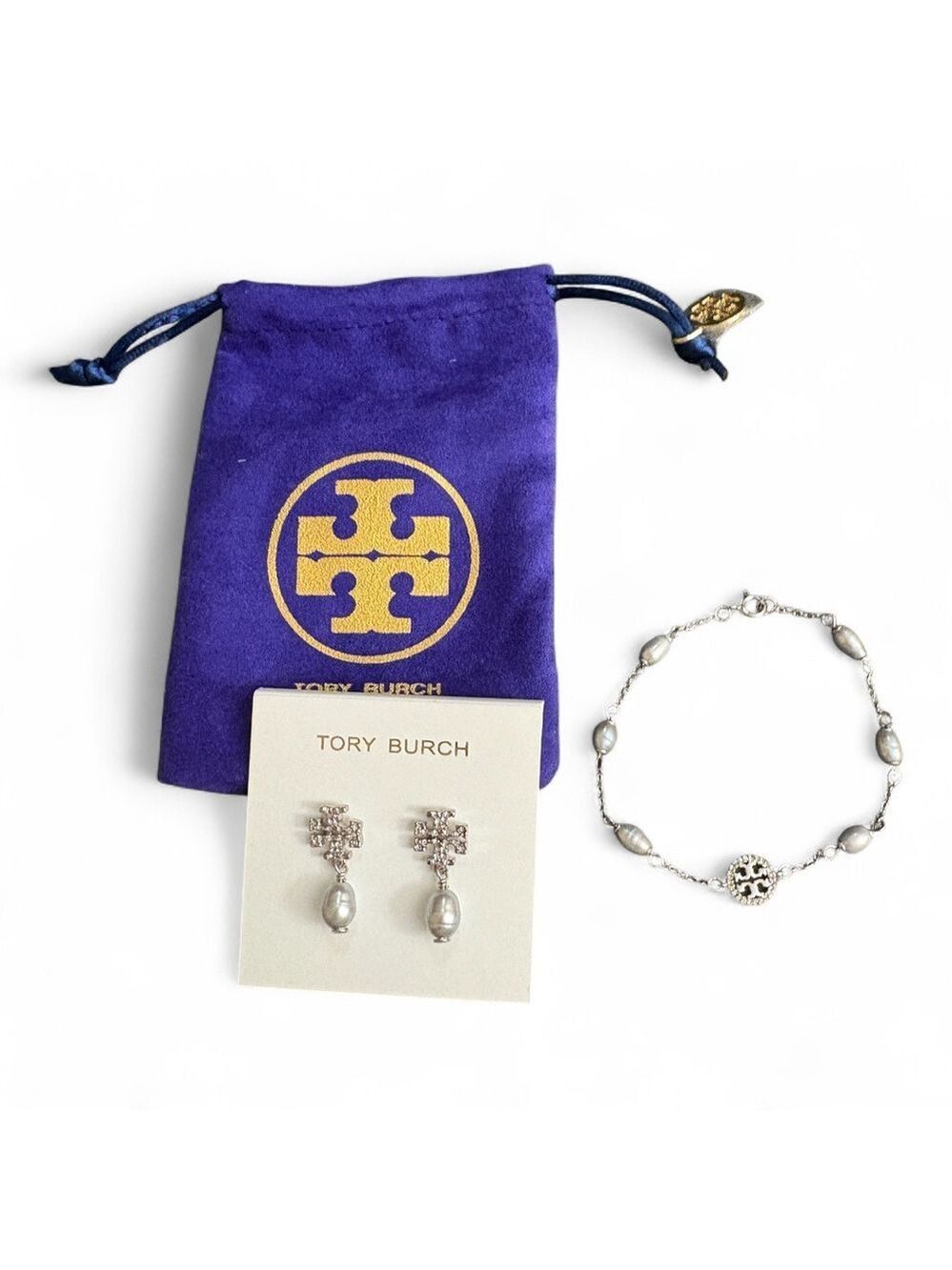 Tory Burch Silver Freshwater Pearl Bracelet and Earrings Set with Dust Bag NWOT